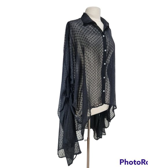 boohoo Women Sz 10 Boho Button Up Hight Low Blouse Black Chiffon No Camisole A6P - Picture 2 of 6